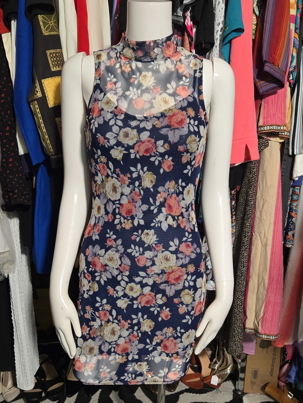 Floral Mock Neck Bodycon Mini Dress - Navy Floral